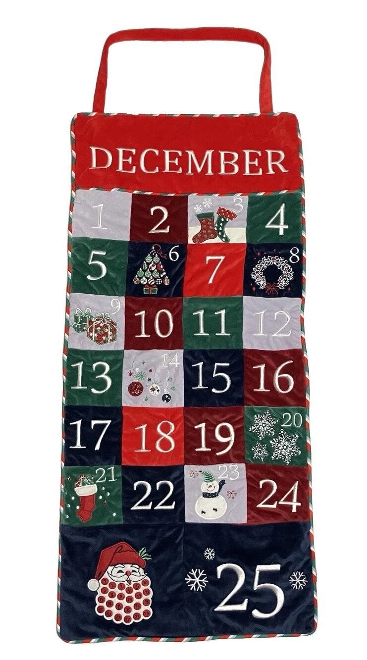 Vtg Large Festive Velveteen Hanging Christmas Advent Calendar Numbered Pockets